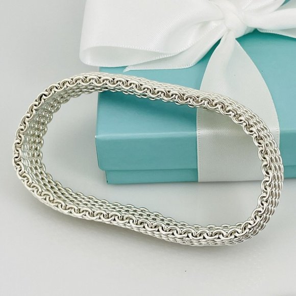 7.5" Tiffany & Co Somerset Flexible Mesh Weave Bangle Bracelet Sterling Silver - Picture 3 of 6